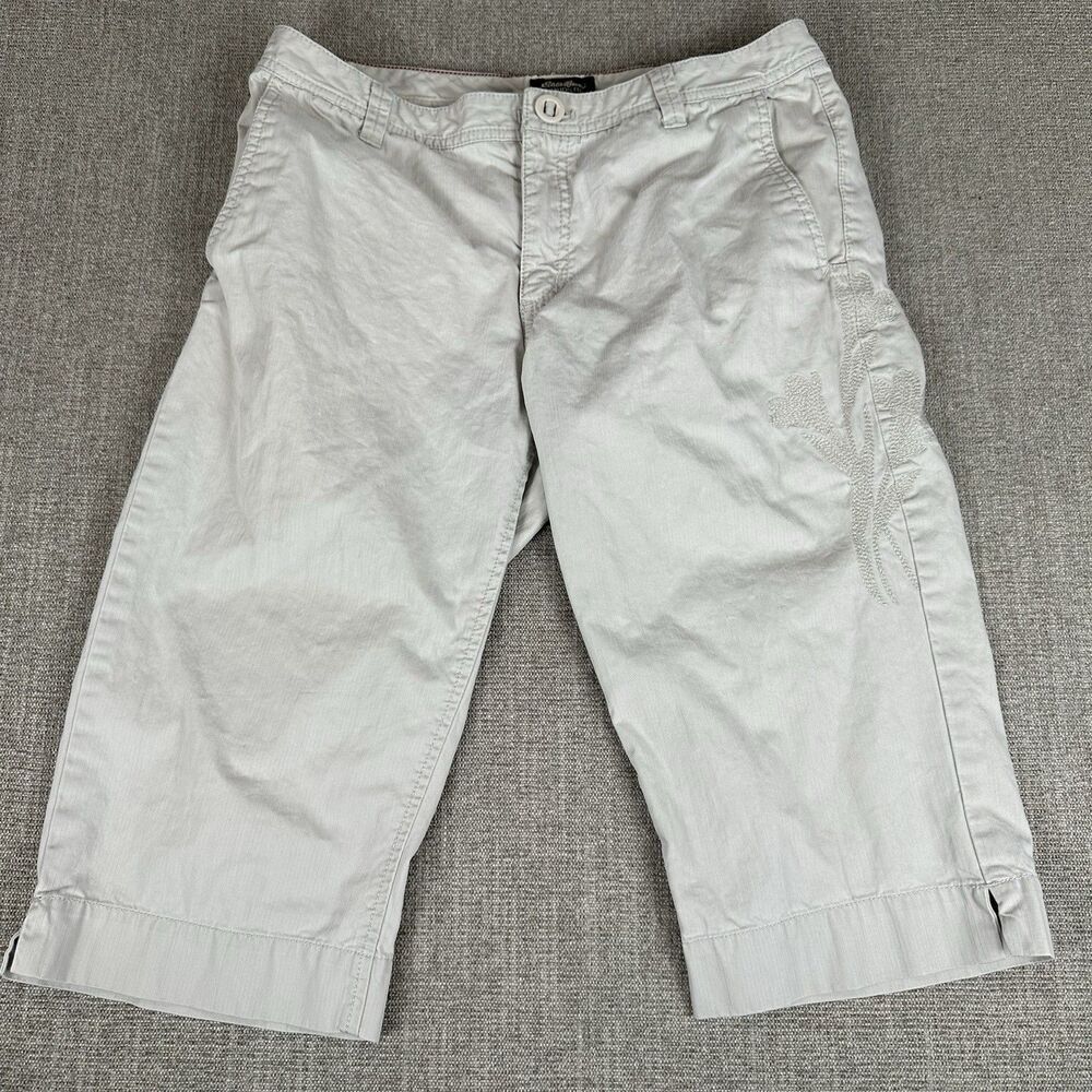 Eddie Bauer Vashon Fit Bermuda Shorts Womens 4 Beige Mid Rise Embroidered Khaki